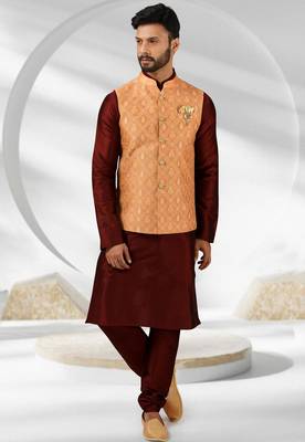dark peach jacquard banarasi silk 3 peice nehru jacket set for men 1