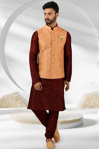 Dark peach jacquard banarasi silk 3 peice jacket set for men