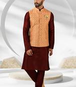 Dark peach jacquard banarasi silk 3 peice jacket set for men