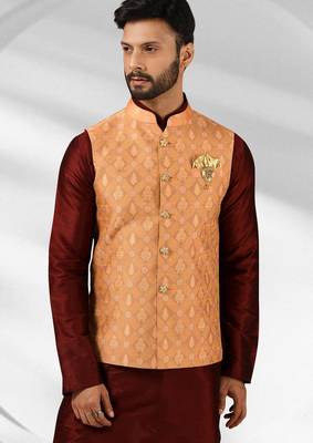 dark peach jacquard banarasi silk 3 peice nehru jacket set for men 2