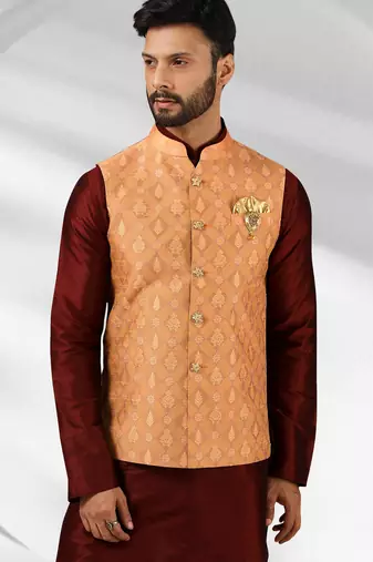 dark peach jacquard banarasi silk 3 peice nehru jacket set for men