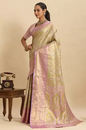 pink graceful wevon zari silk blend partywear saree