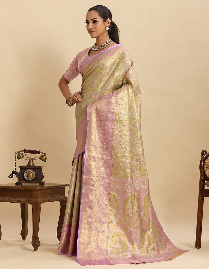 pink color graceful wevon jari designer silk blend blended partywear saree