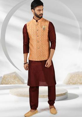 dark peach jacquard banarasi silk 3 peice nehru jacket set for men 3