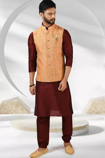 dark peach jacquard banarasi silk 3 peice nehru jacket set for men