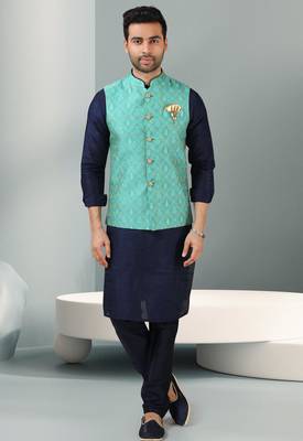 green jacquard banarasi silk 3 peice nehru jacket set for men 1