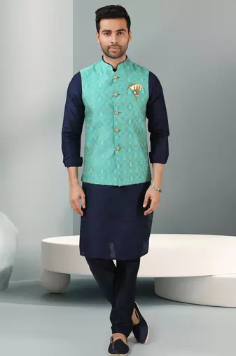 Green jacquard banarasi silk 3 peice jacket set for men