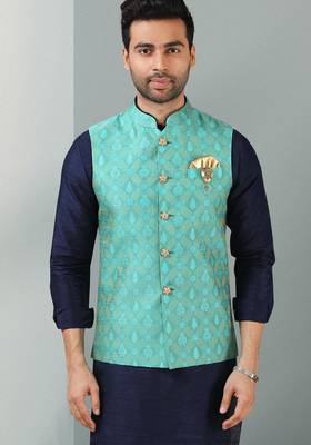 green jacquard banarasi silk 3 peice nehru jacket set for men 2