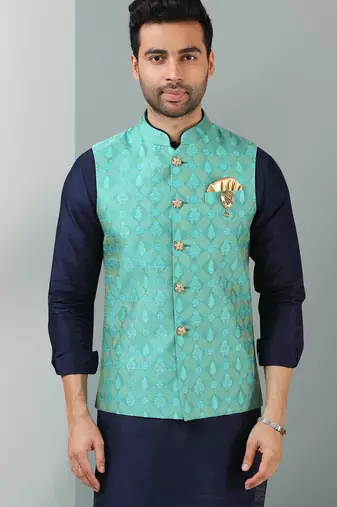 green jacquard banarasi silk 3 peice nehru jacket set for men