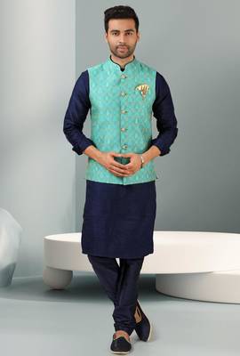 green jacquard banarasi silk 3 peice nehru jacket set for men 3