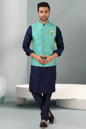 green jacquard banarasi silk 3 peice nehru jacket set for men