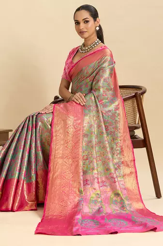 pink graceful wevon zari silk blend partywear saree
