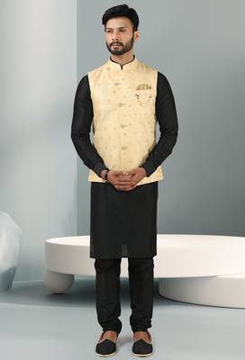 teal green jacquard banarasi silk 3 peice nehru jacket set for men 1