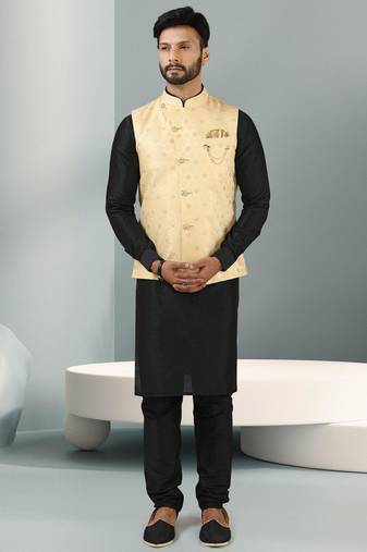 Teal green jacquard banarasi silk 3 peice jacket set for men