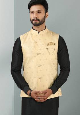 teal green jacquard banarasi silk 3 peice nehru jacket set for men 2