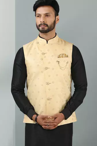 teal green jacquard banarasi silk 3 peice nehru jacket set for men