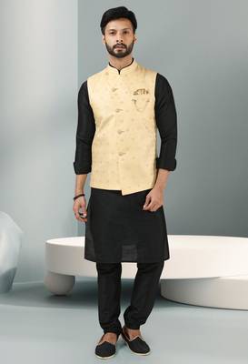 teal green jacquard banarasi silk 3 peice nehru jacket set for men 3