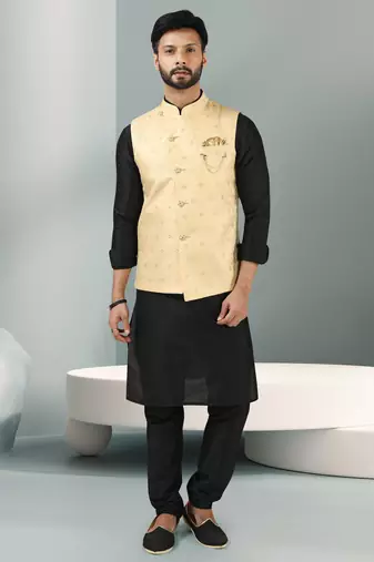 teal green jacquard banarasi silk 3 peice nehru jacket set for men