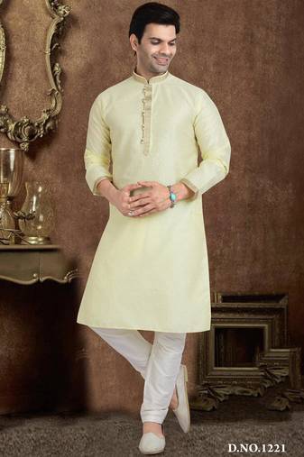 Yellow jacqaurd silk brocade straight kurta for men