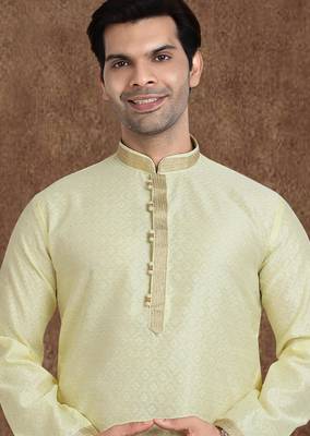 yellow jacqaurd silk brocade straight kurta pajama for men 2
