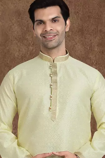 yellow jacqaurd silk brocade straight kurta pajama for men
