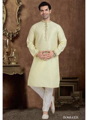 yellow jacqaurd silk brocade straight kurta pajama for men 3