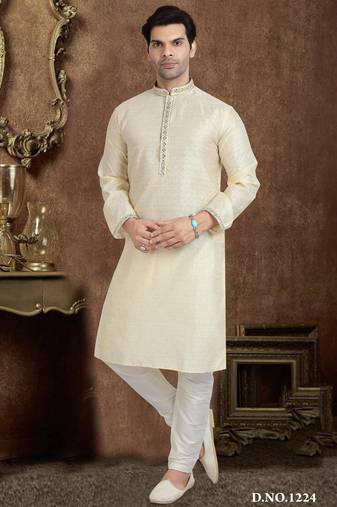 Cream jacqaurd silk brocade straight kurta for men
