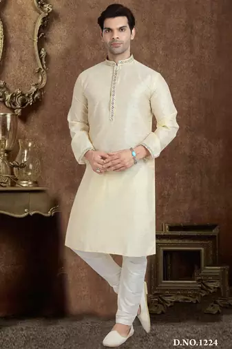 Cream jacqaurd silk brocade straight kurta for men