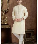 Cream jacqaurd silk brocade straight kurta for men