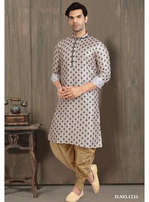cream printed banarasi silk straight dhoti kurta  for men 1