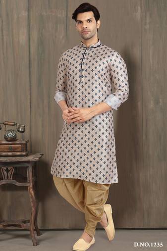 Cream printed banarasi silk straight kurta for men