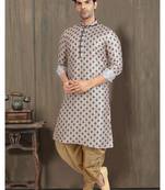 Cream printed banarasi silk straight kurta for men