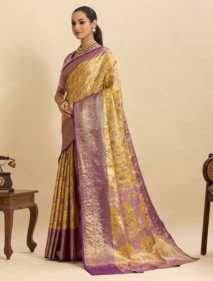 violet graceful wevon zari silk blend partywear saree 4