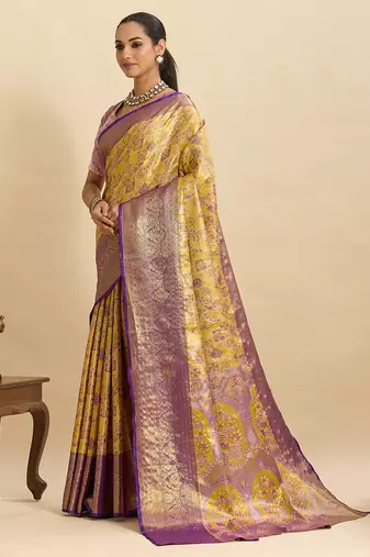 violet graceful wevon zari silk blend partywear saree