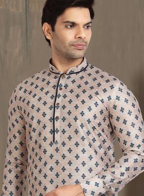 cream printed banarasi silk straight dhoti kurta  for men 2
