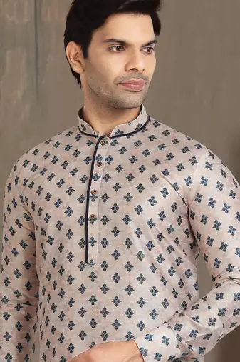 cream printed banarasi silk straight dhoti kurta  for men