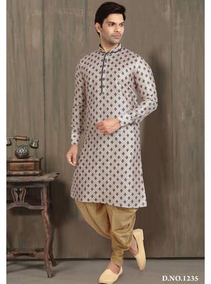 cream printed banarasi silk straight dhoti kurta  for men 3