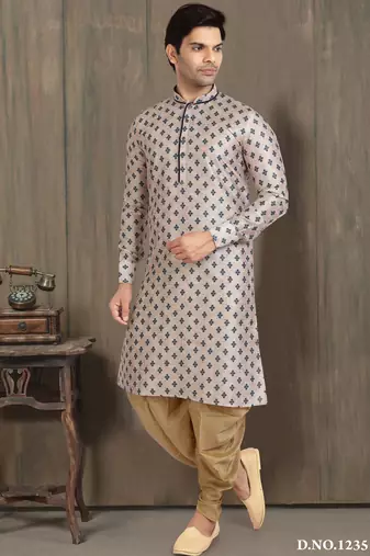 cream printed banarasi silk straight dhoti kurta  for men