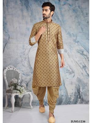 beige printed banarasi silk straight dhoti kurta  for men 1
