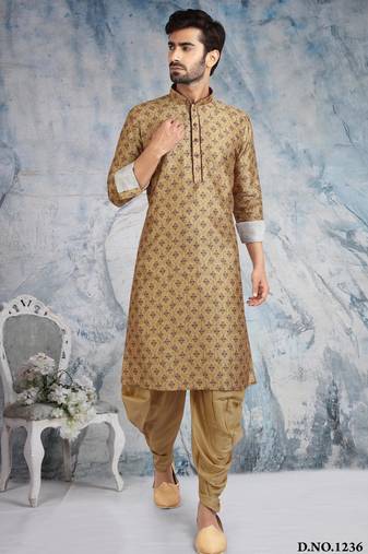 Beige printed banarasi silk straight kurta for men