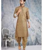 Beige printed banarasi silk straight kurta for men