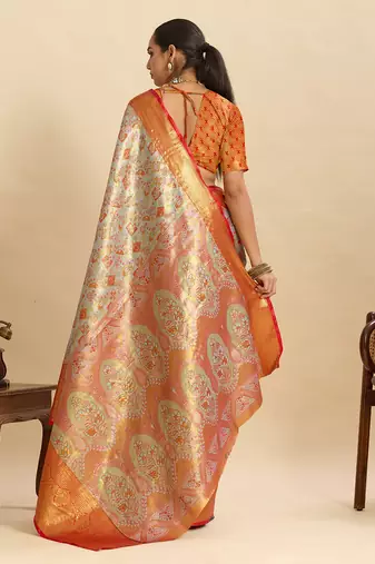 red graceful wevon zari silk blend partywear saree