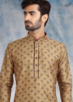 beige printed banarasi silk straight dhoti kurta  for men 2