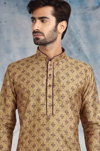 beige printed banarasi silk straight dhoti kurta  for men