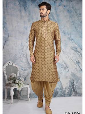 beige printed banarasi silk straight dhoti kurta  for men 3