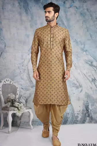beige printed banarasi silk straight dhoti kurta  for men