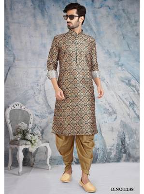 beige printed banarasi silk straight dhoti kurta  for men 1