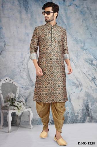 Beige printed banarasi silk straight kurta for men