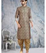 Beige printed banarasi silk straight kurta for men