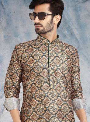 beige printed banarasi silk straight dhoti kurta  for men 2
